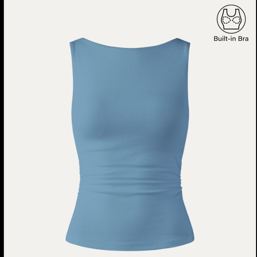 OGL Top Size M NEW Boat Neck Ruched Elastic Open Back Brami Tank Light Blue